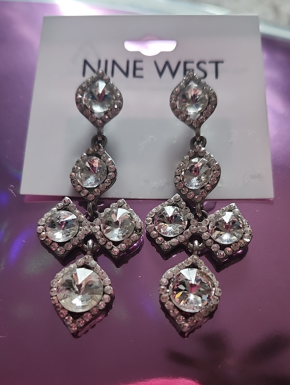 Nine West NEW Clear and Pink Crystal Chandelier Earrings